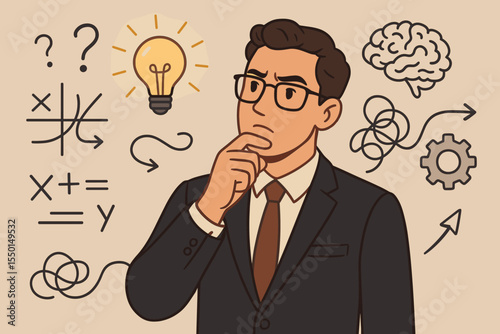 Businessman Deep in Thought Solving Complex Problems, Creative Critical Thinking, Innovative Solution Process, Decision Making, Brainstorming Ideas, Mathematics and Logic Concept, Vector Illustration