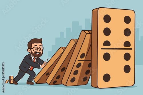 Entrepreneur Pushing Small Domino Causing Chain Reaction, Business Success Concept, Domino Effect, Power of Small Actions, Leadership, Risk Management, Vector Cartoon Illustration