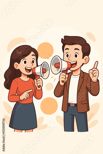 Cartoon man and woman with megaphones promoting product. Teamwork marketing concept. Advertising campaign. Communication, public speaking, announcement, business promotion. Vector illustration.