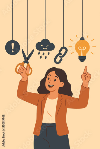 Problem solving concept. Woman cutting negative thoughts, breaking bad habits, finding solutions. Cartoon illustration. Overcoming challenges, stress relief, mental health, motivation, creativity