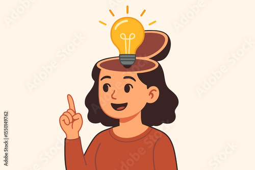 Creative woman idea concept with open head and glowing light bulb. Innovation, brainstorming, problem solving, inspiration, imagination, female mind, new thought, clever solution, vector illustration