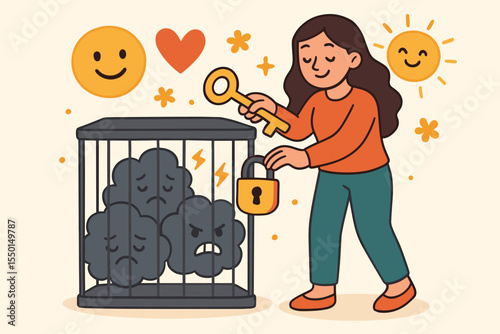 Woman locking sad angry dark clouds representing negative emotions in cage with key, promoting mental health, emotional well-being, positive mindset, happiness, self care, cartoon vector illustration
