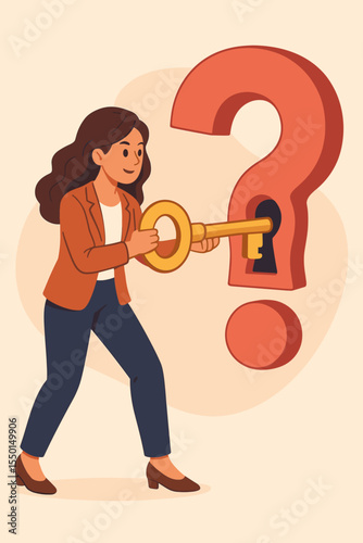 Businesswoman unlocking solutions with golden key at question mark keyhole. Problem solving, decision making, finding answers, critical thinking, solution concept. Vector illustration