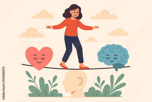 Woman balancing on tightrope between heart and brain. Emotional balance, mental health harmony, self-control, decision making. Psychology metaphor. Mindfulness, stability, vector illustration