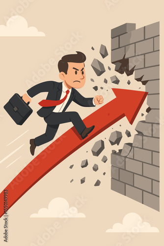 Businessman breaking through brick wall on a red arrow. Business concept of success, determination, overcoming obstacles. Manager with briefcase running. Career growth and achievement.