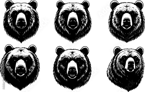 A collection of six bear head illustrations, black and white