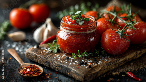 Close-up of fresh tomatoes and paste on a wooden board resting on a rustic table with a black backdrop