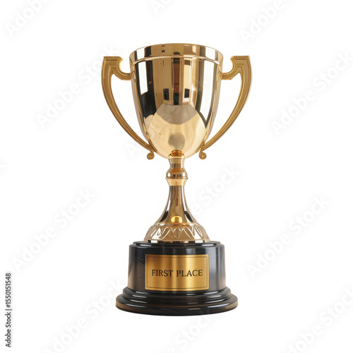 Golden first place trophy with elegant handles and black marble base displayed on a textured surface isolated on transparent background