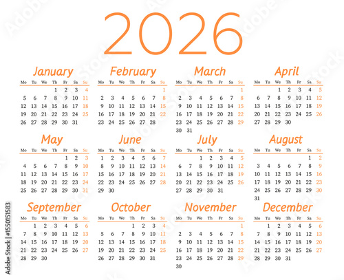 Calendar in English for 2026. Week starts on Monday