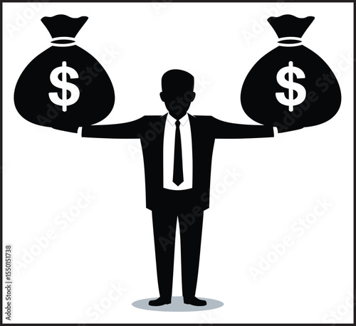  Business Man Balancing Money Bags Silhouette - Professional Executive Financial Balance Icon