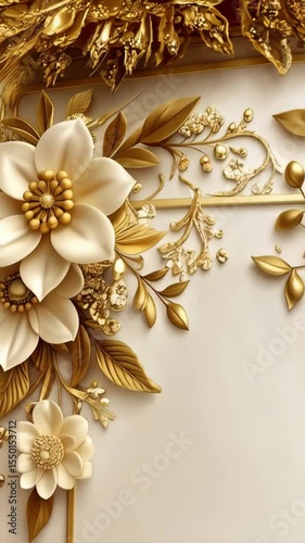 Wallpaper Mural Elegant 3D illustration featuring golden flowers, leaves, and ornate border decoration on a light beige background, vertical design element. Torontodigital.ca