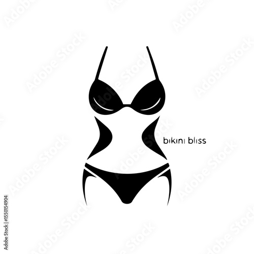 Stylized black and white line art of a faceless woman in a bikini with arms raised behind her 

Top Piece: Two round cups connected with straps suggesting a bikini top.

Bottom Piece: A simple, V-shap