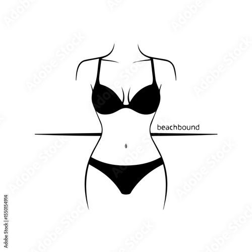 Stylized black and white line art of a faceless woman in a bikini with arms raised behind her 

Top Piece: Two round cups connected with straps suggesting a bikini top.

Bottom Piece: A simple, V-shap