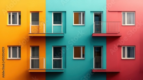 A strikingly colorful apartment facade divided into vibrant sections showcases a modern architectural style, capturing the imagination and vitality of contemporary urban living.