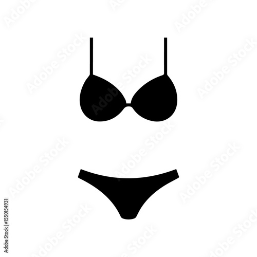 Stylized black and white line art of a faceless woman in a bikini with arms raised behind her 

Top Piece: Two round cups connected with straps suggesting a bikini top.

Bottom Piece: A simple, V-shap