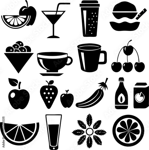 food icons set Black Silhouette Food and Drink Icon Set – 16 Minimal Vector Elements