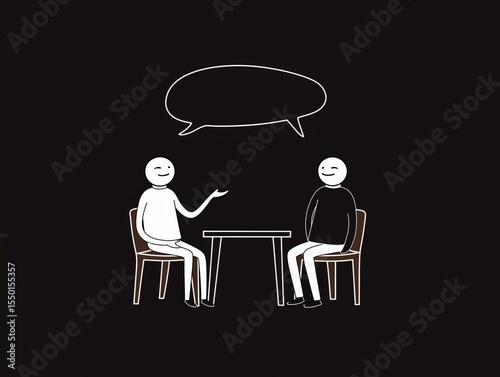 Two simplistic characters engaging in conversation at a table, with a speech bubble above them, representing communication and dialogue in a minimalist illustration style
