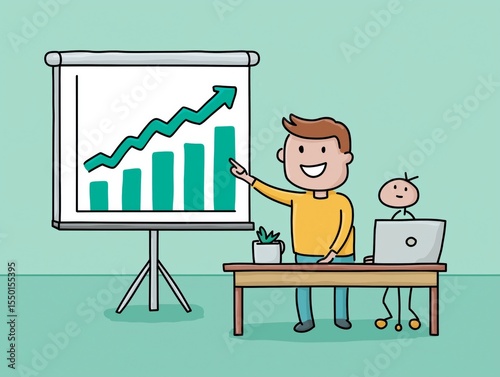 Cartoon illustration of a man presenting a growth chart on a flip chart, with a small character seated at a desk, showcasing teamwork and business success in a bright office environment