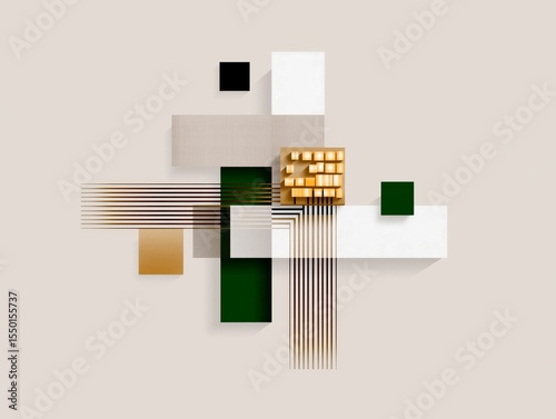 Abstract geometric composition featuring layered shapes in gold, green, black, and white, with intersecting lines creating a modern artistic design for contemporary decor