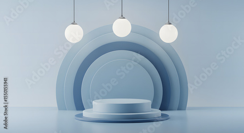 Minimalist blue stage with layered semicircles and hanging globe lights for product display