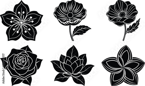 Groovy daisy flowers set. Flat black icons. Simple flower silhouette. Retro vintage style, hand drawn decorative elements.
