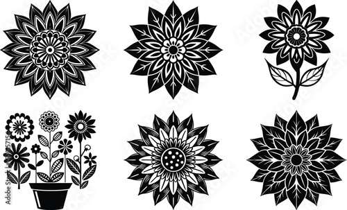 Groovy daisy flowers set. Flat black icons. Simple flower silhouette. Retro vintage style, hand drawn decorative elements.
