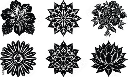 Groovy daisy flowers set. Flat black icons. Simple flower silhouette. Retro vintage style, hand drawn decorative elements.
