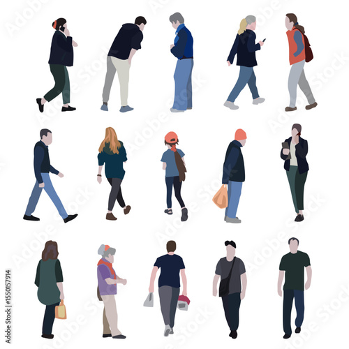 Set of drawings of people on the street in spring clothes. 2D image for use as an entourage. Vector flat city infographics	
