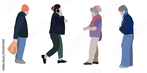 Set of drawings of people on the street in spring clothes. 2D image for use as an entourage. Vector flat city infographics	
