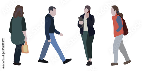 Set of drawings of people on the street in spring clothes. 2D image for use as an entourage. Vector flat city infographics	
