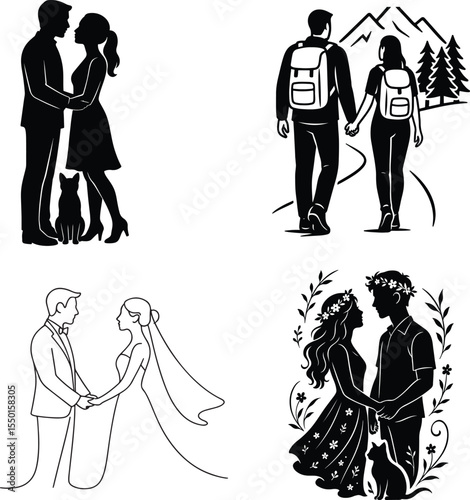 Silhouette illustrations of couples in love celebrating different moments of their relationship.