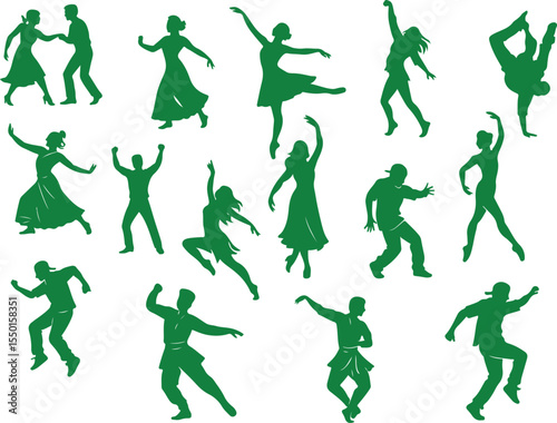 Silhouetted dancers in various poses representing dance styles and movement on a white background