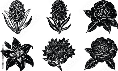 Groovy daisy flowers set. Flat black icons. Simple flower silhouette. Retro vintage style, hand drawn decorative elements.
