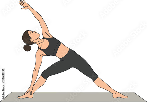 Illustration of a woman in a Triangle Pose yoga asana practicing mindfulness and flexibility for physical and mental wellness on a yoga mat