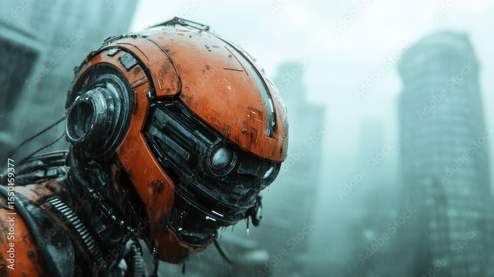 Fototapeta premium A striking portrait of a futuristic orange robot amidst a hazy urban backdrop, showcasing the blend of technology and humanity in a dystopian landscape of towering buildings.
