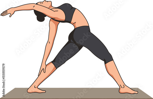 A Cartoon Woman Strikes the Triangle Pose in Yoga Exercising Strength and Flexibility with Focused Awareness and Balanced Harmony on a Mat