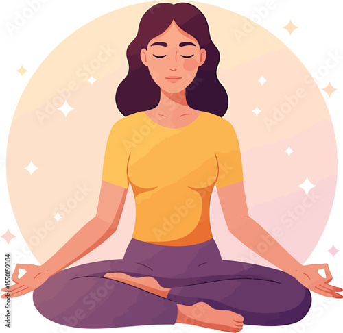 Serene Woman Practices Meditation in Lotus Position Promoting Wellness and Mindfulness With a Calm Expression and Relaxed Posture Embracing Inner Peace