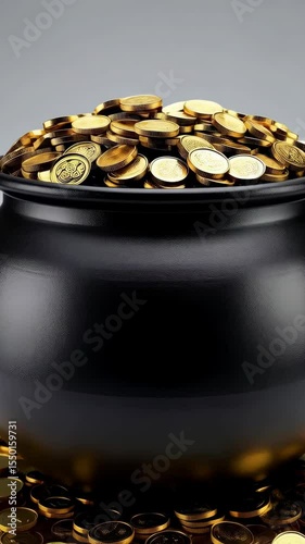 Black cauldron overflowing with gold coins sitting on a pile of treasure, finance concept, richness and fortune.