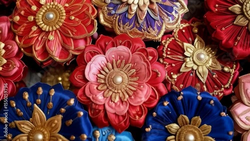 Closeup display of intricately crafted ribbon flowers with pearl centers in vibrant shades of red, blue, and pink, a textured floral arrangement.