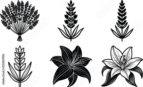 Groovy daisy flowers set. Flat black icons. Simple flower silhouette. Retro vintage style, hand drawn decorative elements.
