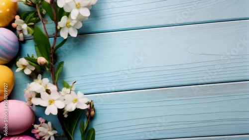 Assorted pastel Easter eggs, decorated with polka dots and swirls, arranged on a light blue wood surface with spring flowers.