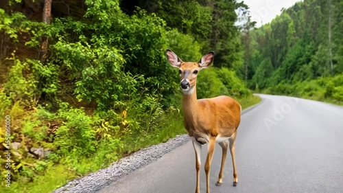 Alert fawn standing attentively on rural asphalt roadway between dense green leafy foliage trees in natural forest environment, looking at camera