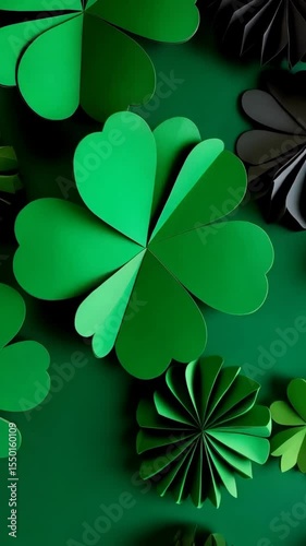 Festive green paper shamrocks and folded flowers arranged on a vibrant emerald green surface