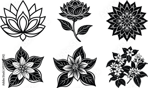 Groovy daisy flowers set. Flat black icons. Simple flower silhouette. Retro vintage style, hand drawn decorative elements.
