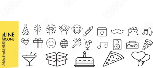 Party Icons Set - Line Style Celebration Symbols (Anniversary, Dancing, Music, Karaoke, DJ) - Vector Web & Mobile App Icons