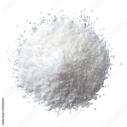 Pile of fine white salt or powder, isolated on a clean white background, top view,