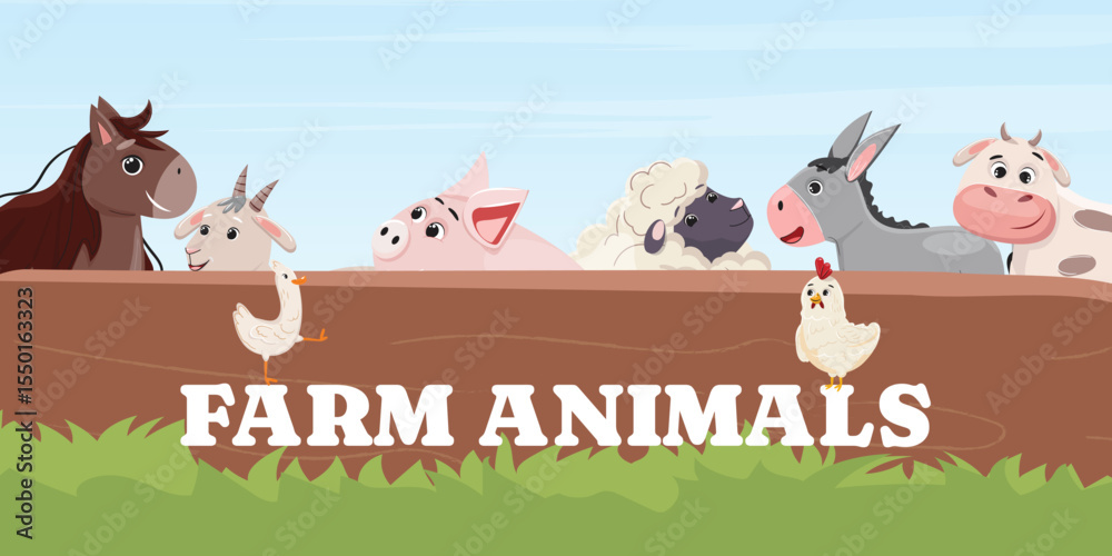 Naklejka premium Funny farm animals group, smiling horse, goat, pig, sheep, donkey, cow, duck, chicken, kids vector art