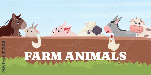 Funny farm animals group, smiling horse, goat, pig, sheep, donkey, cow, duck, chicken, kids vector art