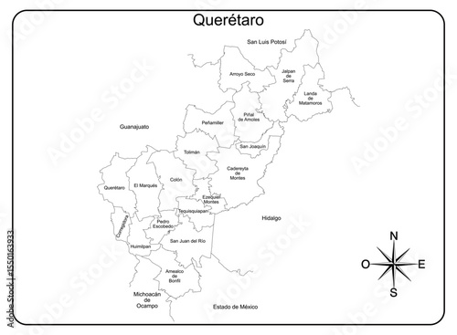 Map of the State of Querétaro in Mexico with political divisions by municipalities, ready for infographics