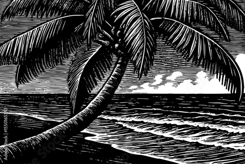 palm tree swaying beside the ocean, with curved trunk and large tropical fronds, a black and white sketch vector hand drawn